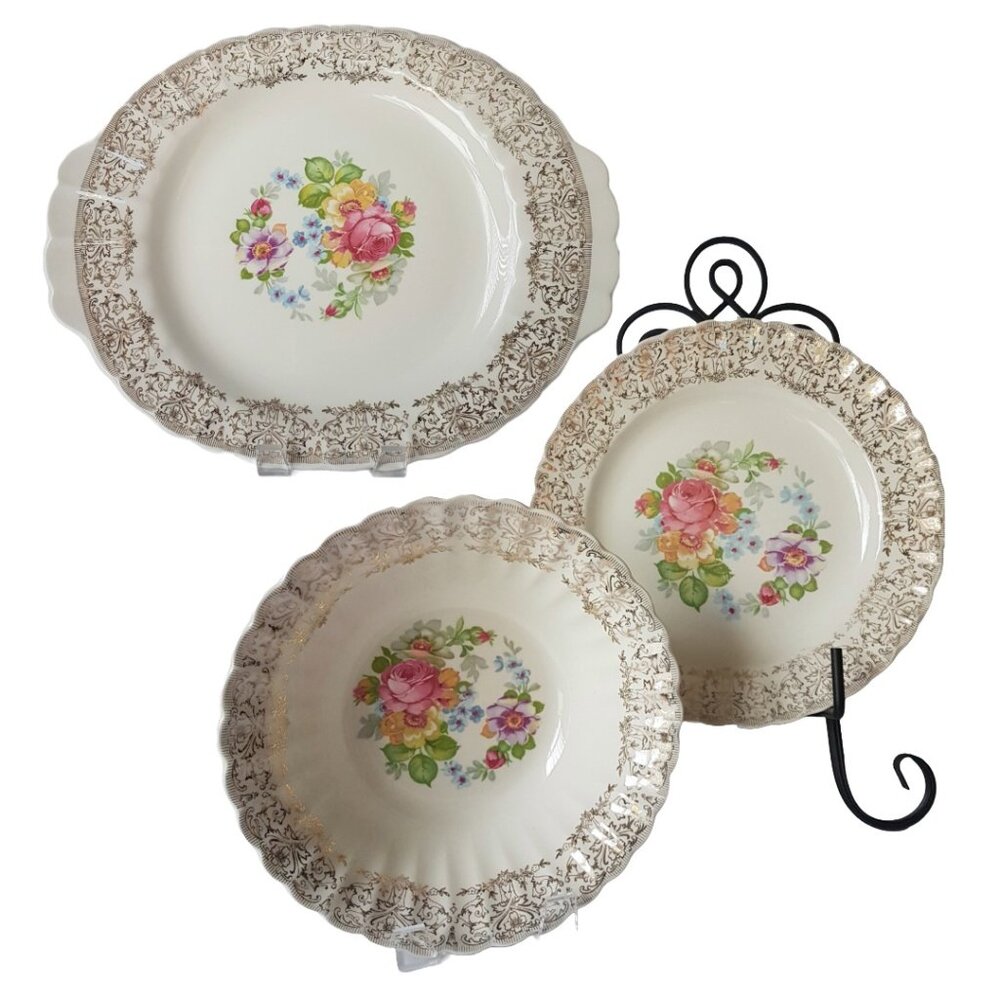 AMERICAN LIMOGES La MARR KS542 22K Gold Filigree Floral Platter & Bowl & Plate